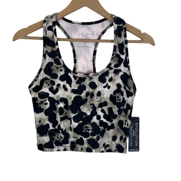 NWT EVCR Bra Tank Womens S Black Tan Leopard Print Cropped Racerback Athleisure - Picture 2 of 4